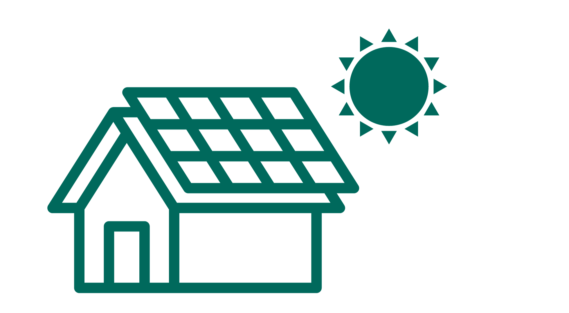 Solar Panel Icon with solar panel on top of a roof and a sun in the corner.