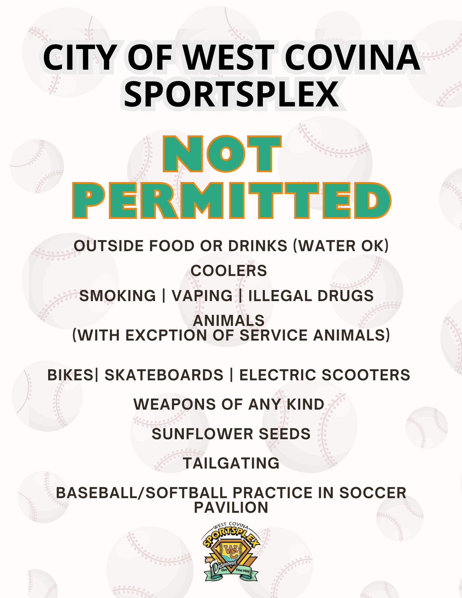 West Covina Sportsplex Not Permitted Items